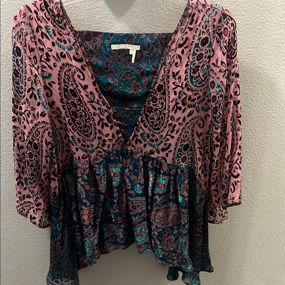 Floreat Pink and Blue Asymmetrical Peplum Blouse